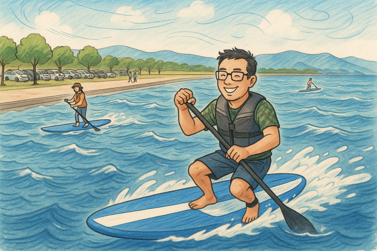 【姶良・松原海岸】桜島バックにSUP！海沿いの堤防道からふらっと出発🚲🌊