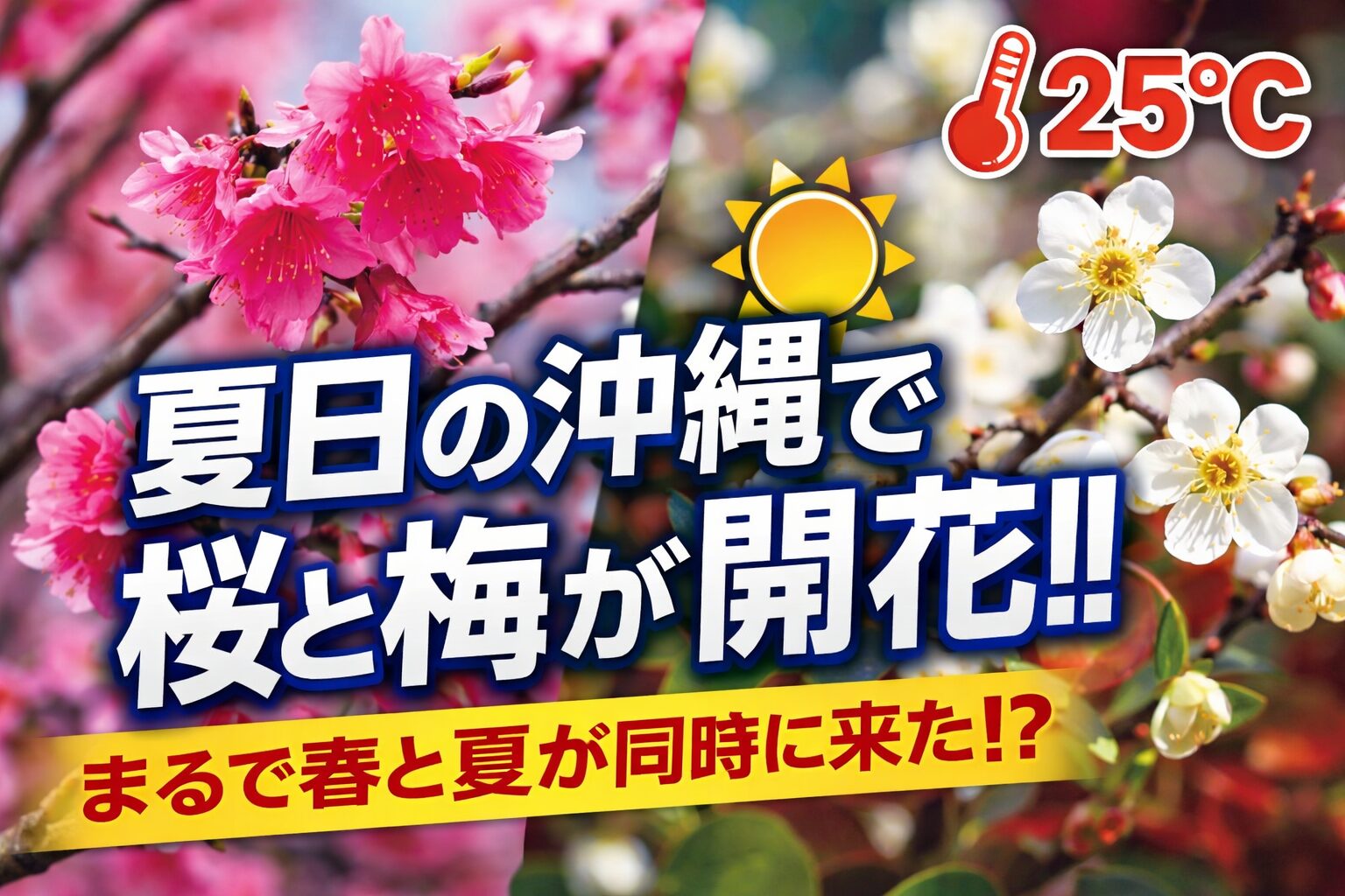 「夏日」の沖縄で、まさかの桜と梅が同日開花