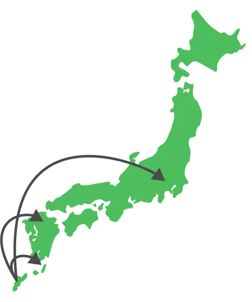 日本地図で鹿児島から全国へ表した画像